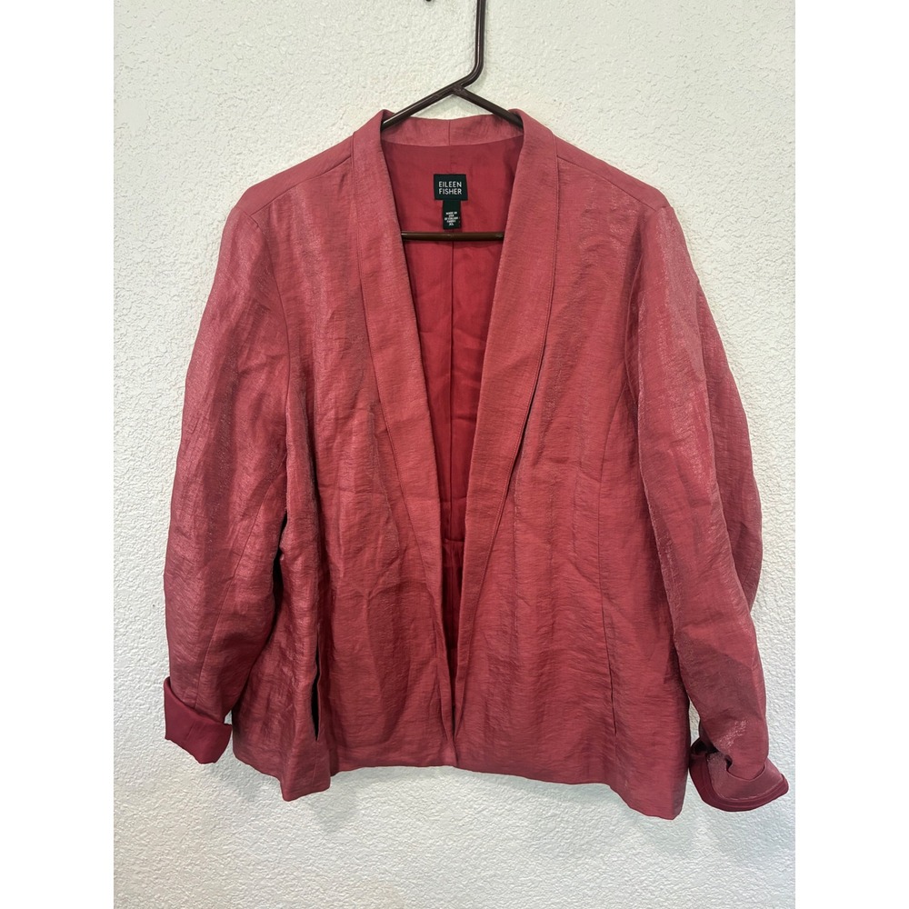 Eileen Fisher Womens XL Pink Linen Silk Lined Open Front Blazer Jacket USA Made
